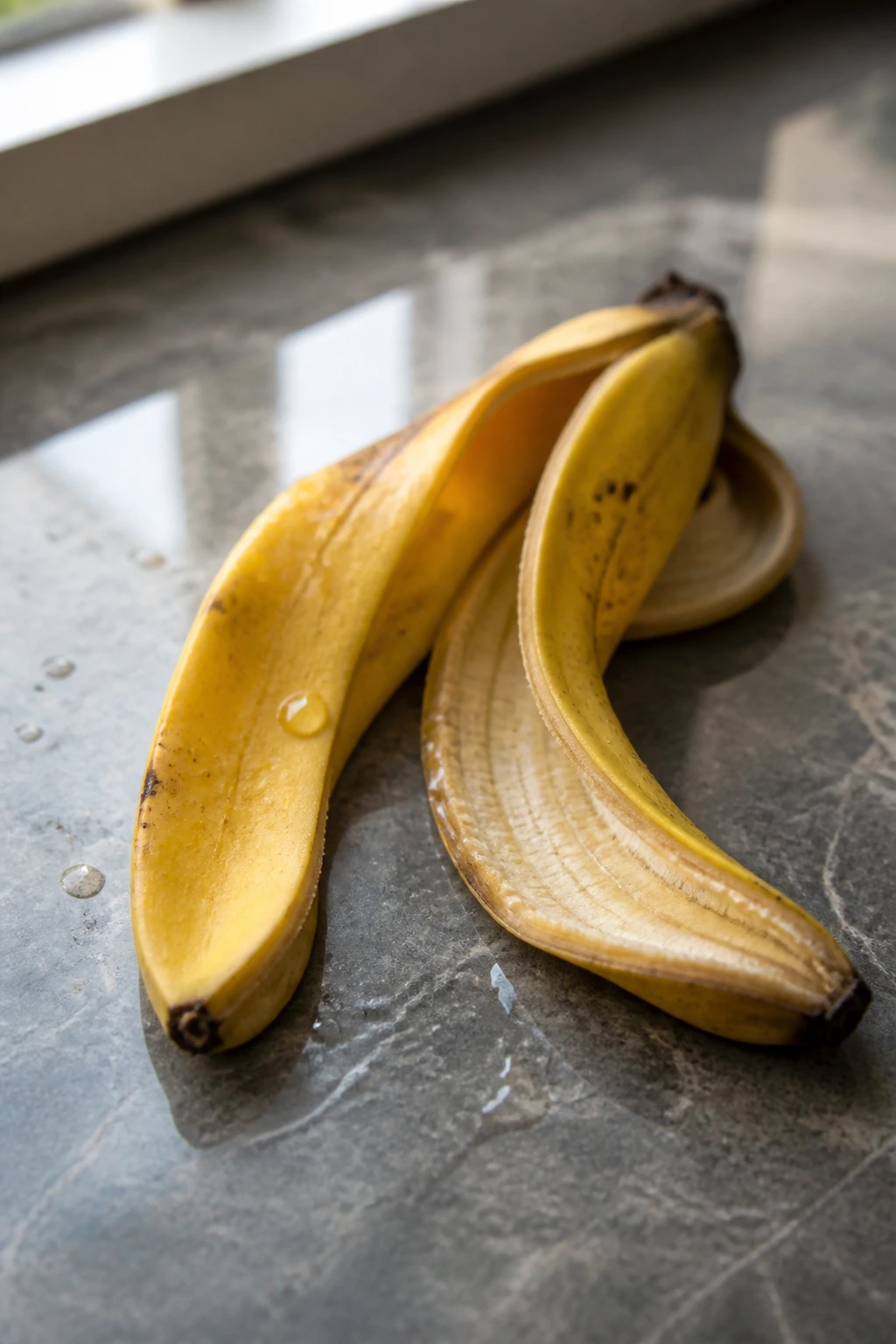 Banishing Breakouts: Are Banana Peels Good For Acne? 4 Banana peel with water droplets on stone countertop