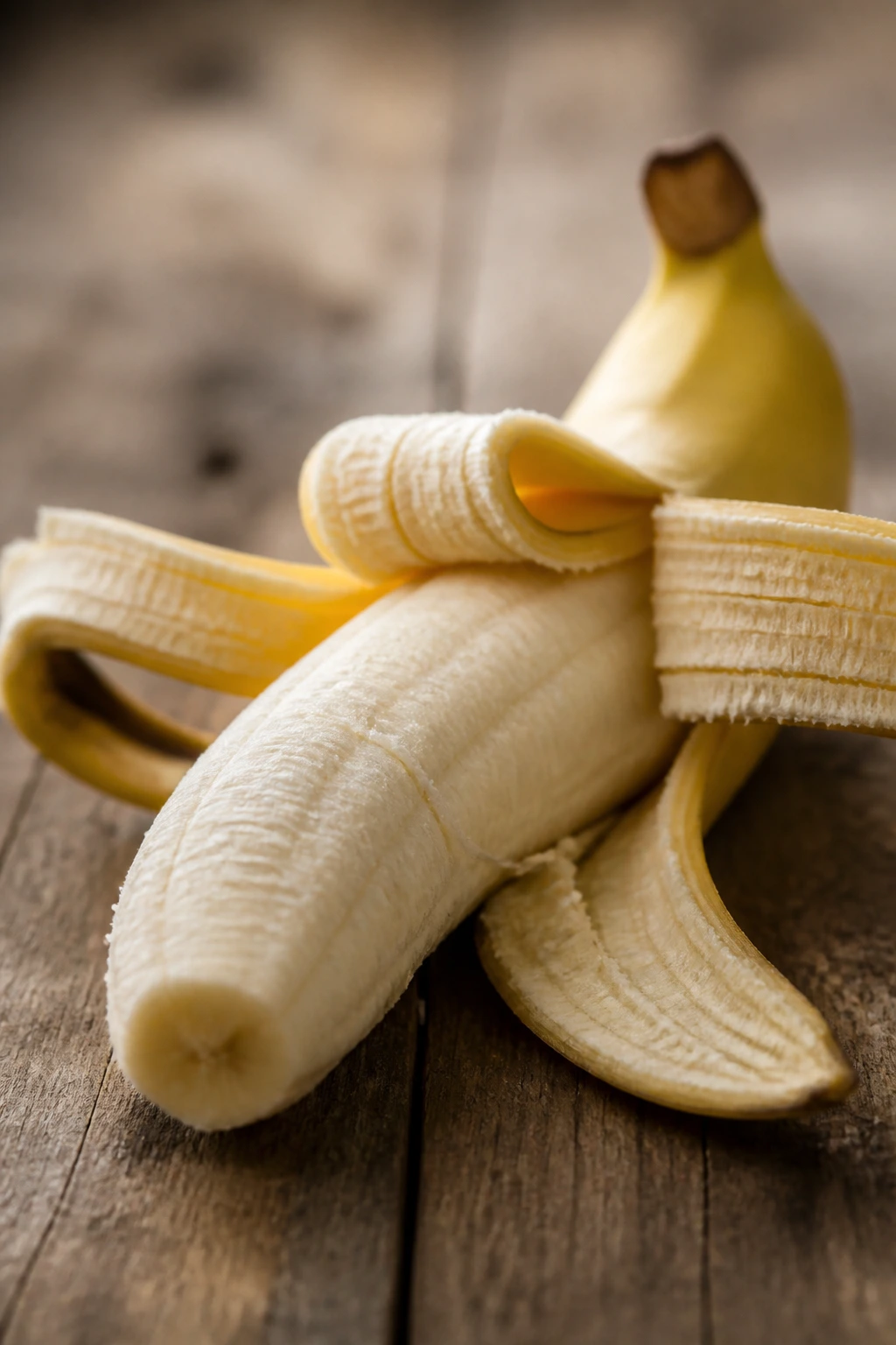 10 Surprising Benefits Of Bananas Sexually (Better In Bed) 8 Close-up of a peeled banana on a rustic kitchen counter in natural light