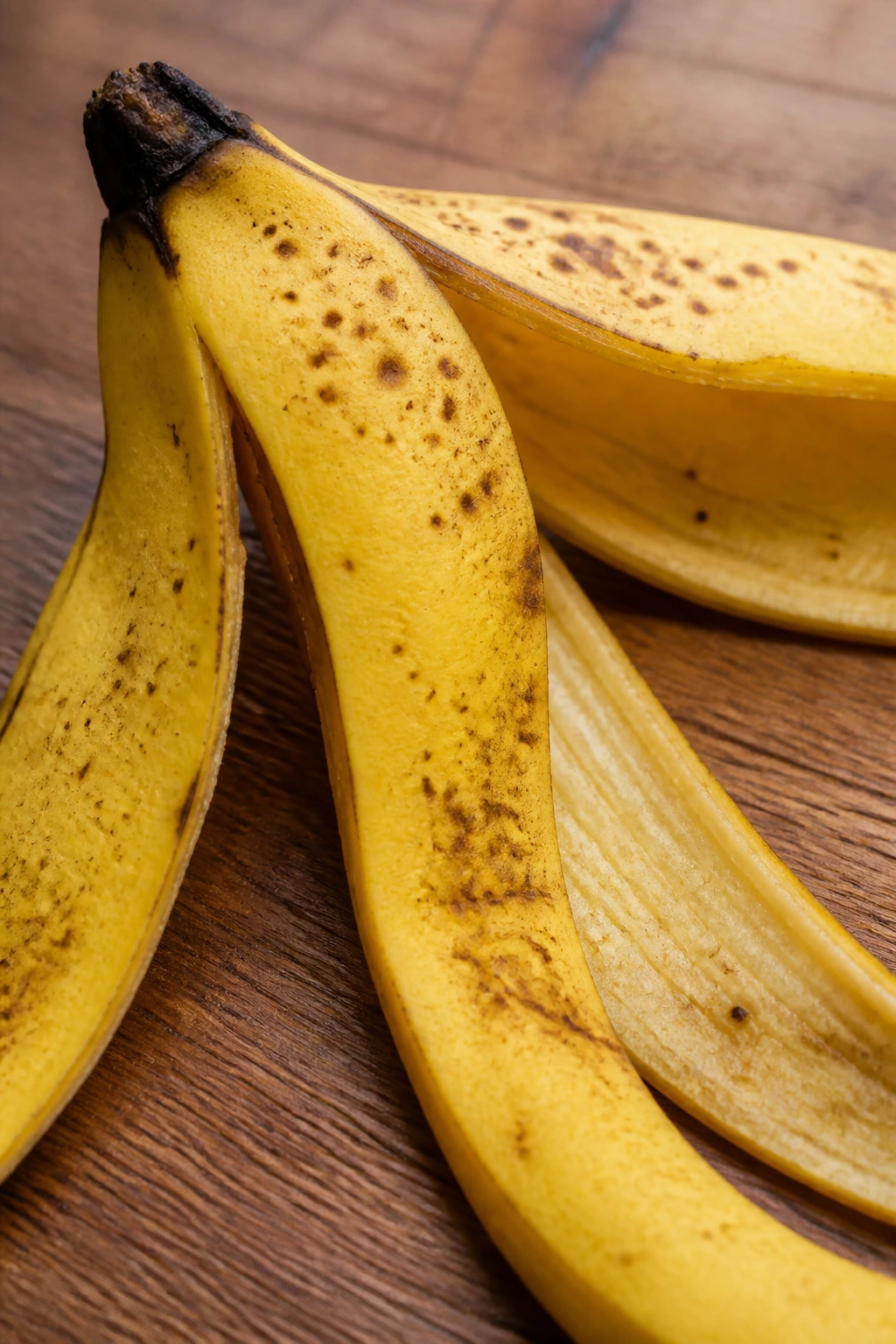 Close-up of a single banana peel on a wooden kitchen counter.