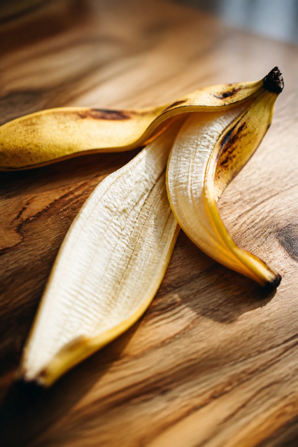 Banishing Breakouts: Are Banana Peels Good For Acne? 1 Close-up of a ripe banana peel on a wooden counter, showcasing yellow outer skin and inner flesh