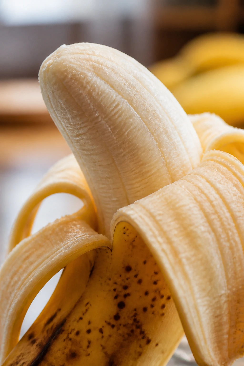 Banana with peel partially removed filling the frame in a kitchen
