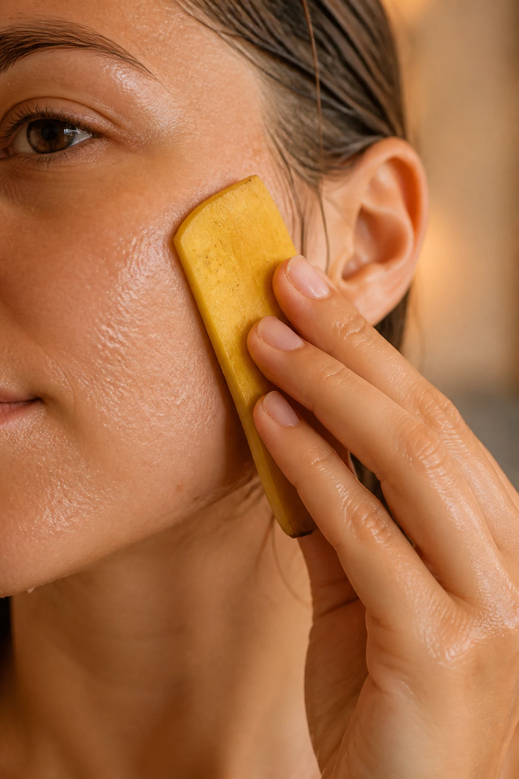 10 Incredible Beauty Benefits of Bananas and Their Peel 11 Banana skin being used as a gentle exfoliator on the cheek