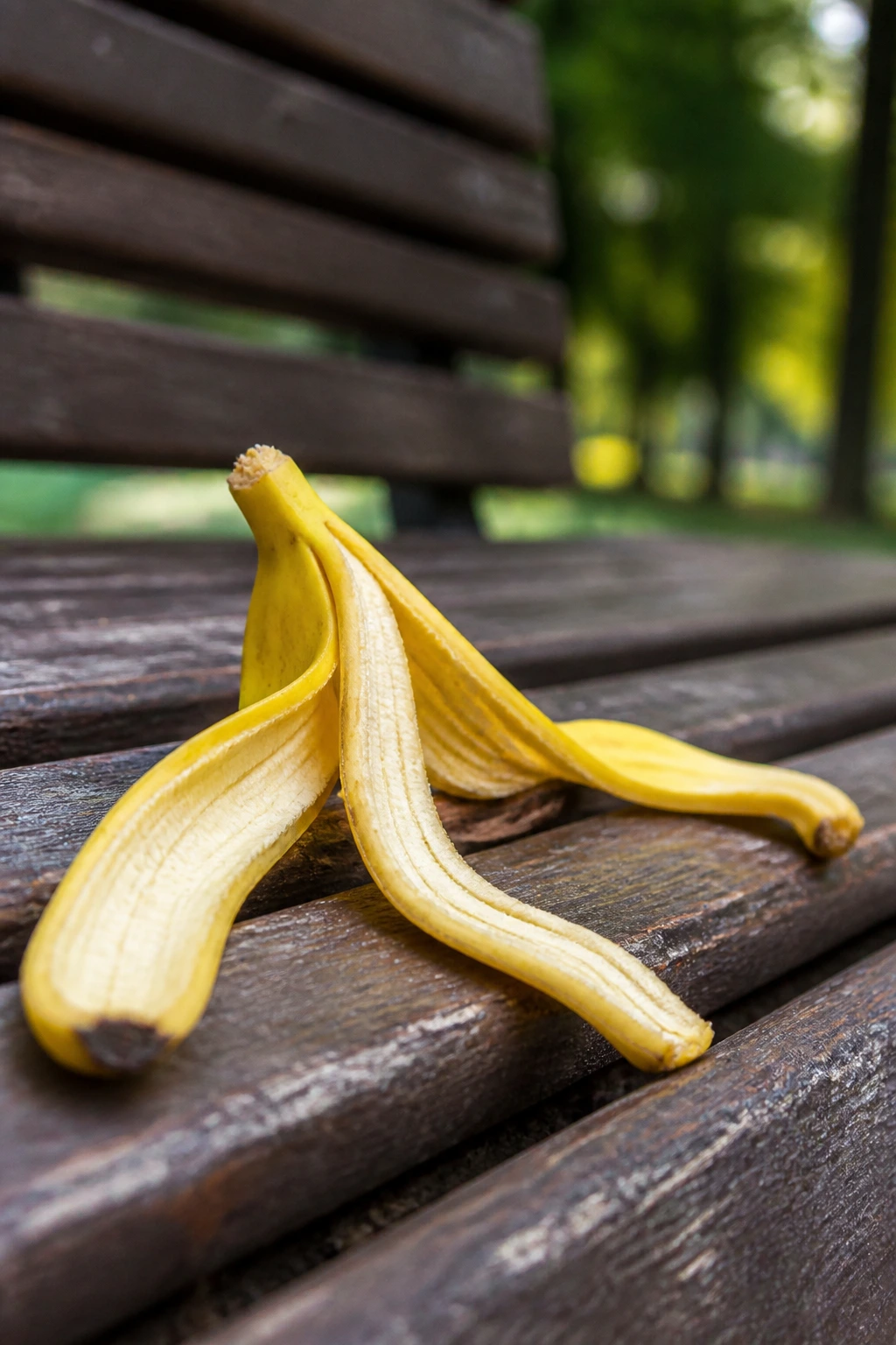 Etiquette: Is Throwing A Banana Peel Littering? 6 Banana peel on a wooden park bench outdoors.