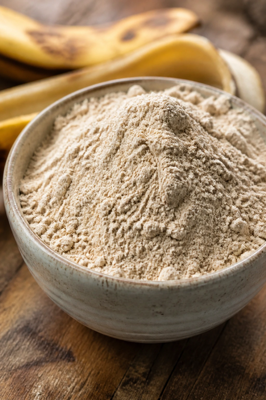 Turning Trash into Treasure: How to Make Banana Peel Flour 8 Banana peel flour in a bowl on wooden table