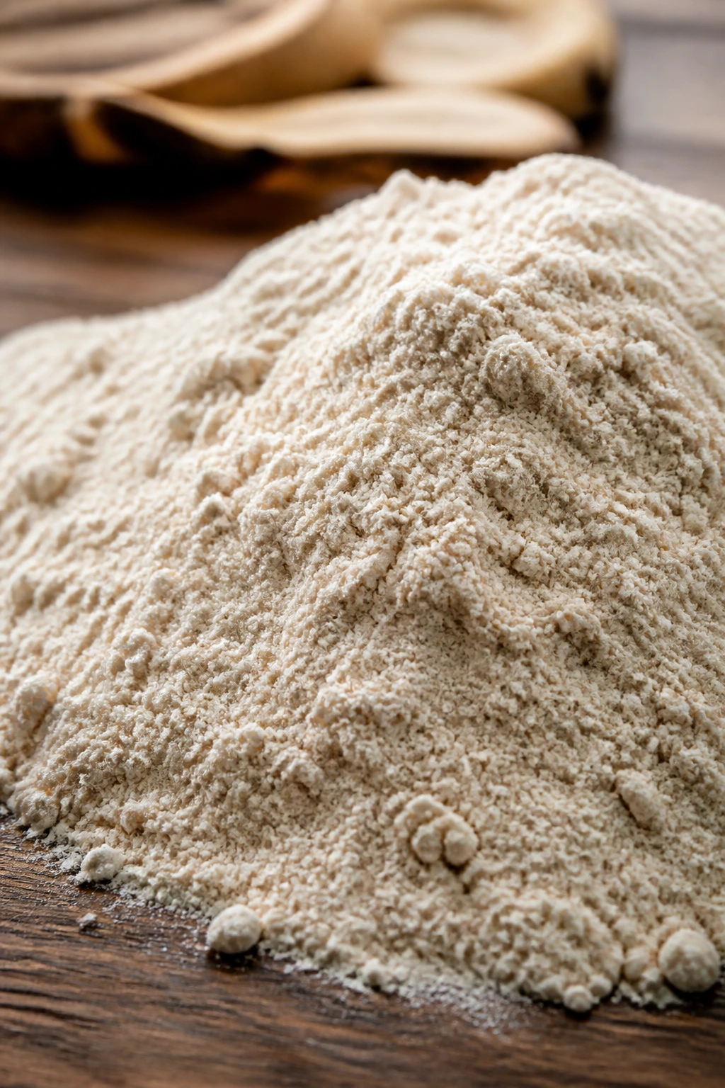 Turning Trash into Treasure: How to Make Banana Peel Flour 7 Close-up of a mound of banana peel flour on a wooden counter