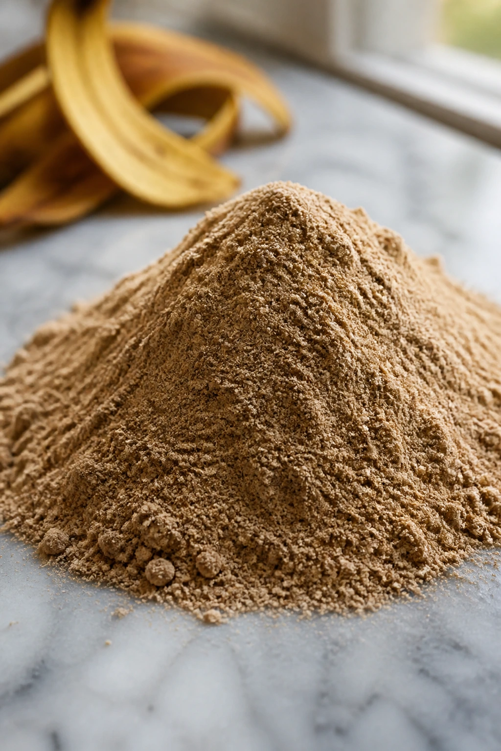 Turning Trash into Treasure: How to Make Banana Peel Flour 4 Banana peel flour heap on marble surface with natural light