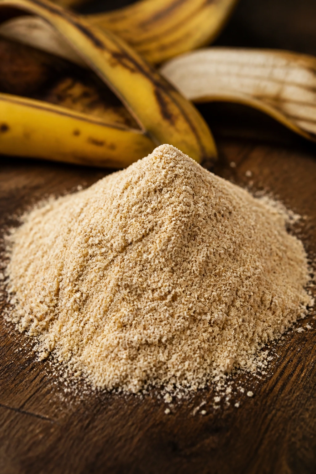 Turning Trash into Treasure: How to Make Banana Peel Flour 3 Macro close-up of banana peel flour on dark wood