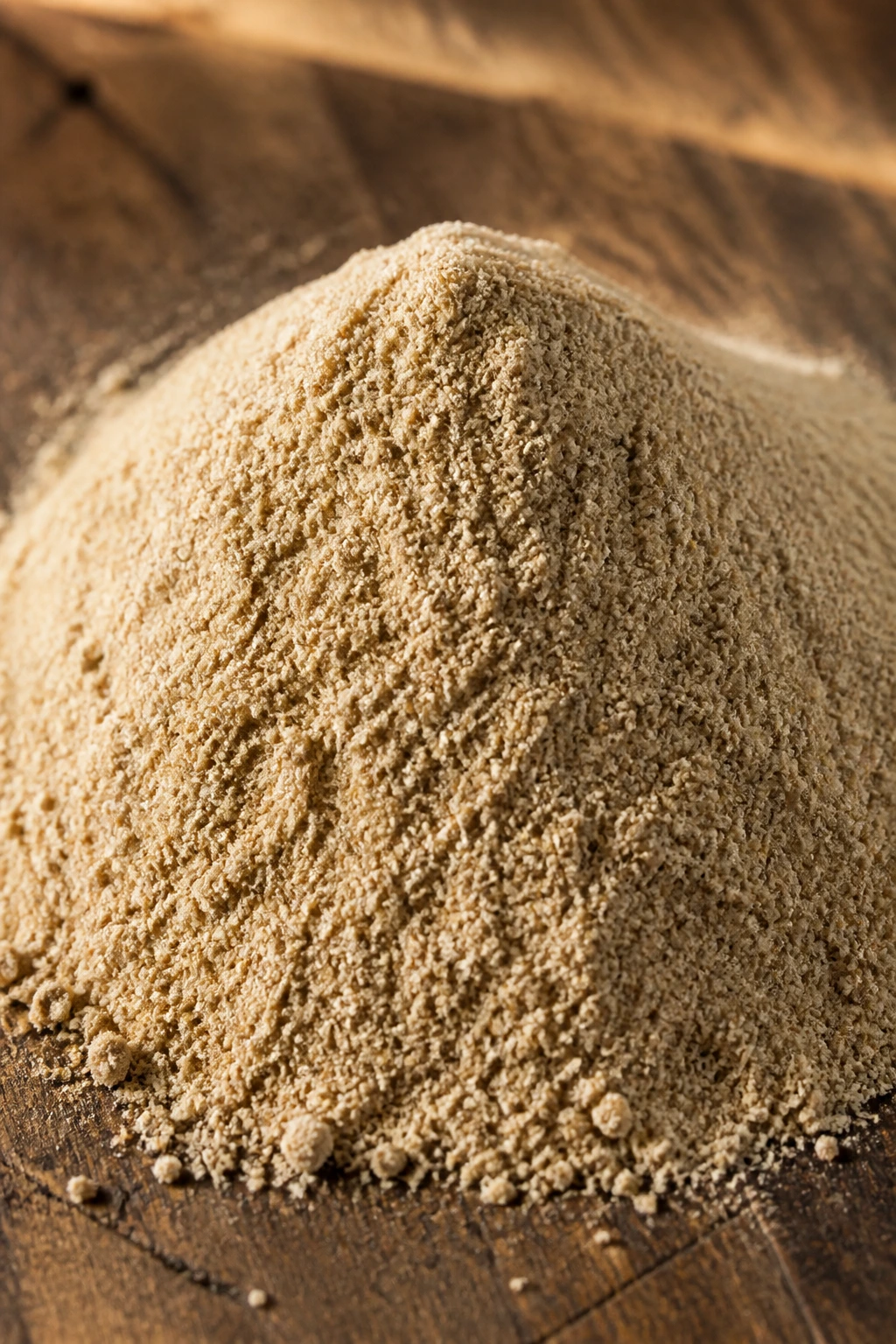 Turning Trash into Treasure: How to Make Banana Peel Flour 1 Close-up of banana peel flour mound on wooden counter with warm light