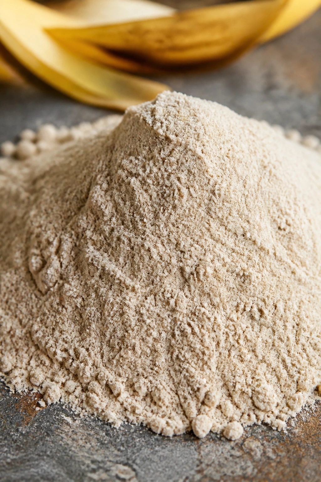 Turning Trash into Treasure: How to Make Banana Peel Flour 2 Close-up of banana peel flour mound on stone countertop with daylight