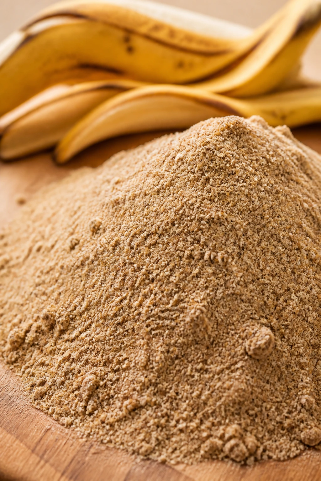 Turning Trash into Treasure: How to Make Banana Peel Flour 5 Close-up of banana peel flour mound on warm wooden counter