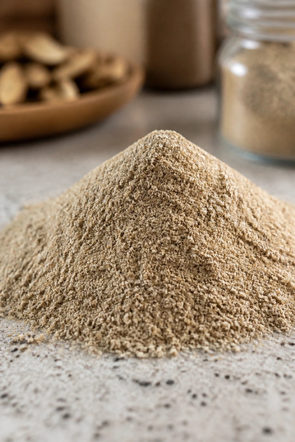 Turning Trash into Treasure: How to Make Banana Peel Flour 6 Banana peel flour mound on speckled countertop