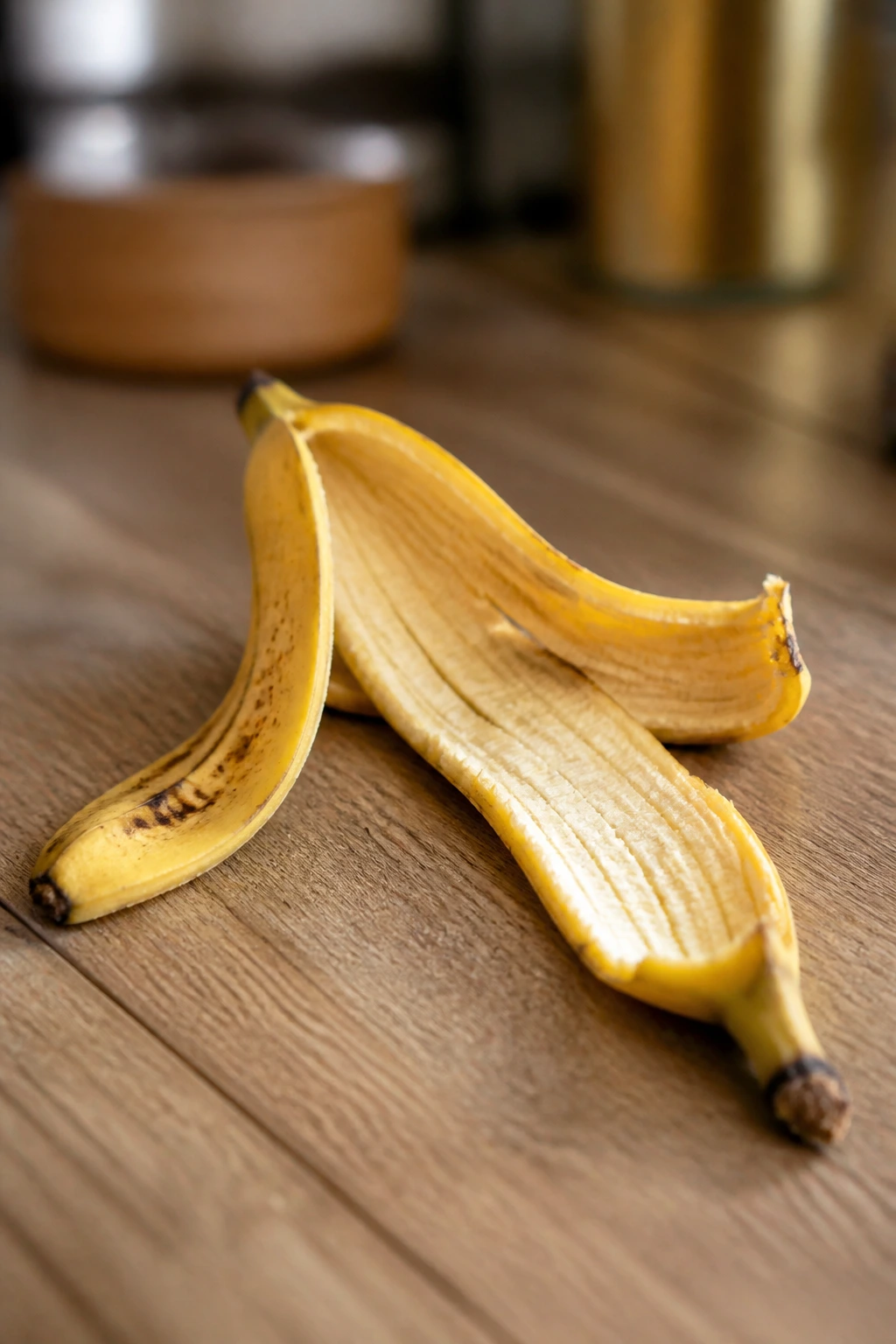 Banana peel resting on a wooden surface.