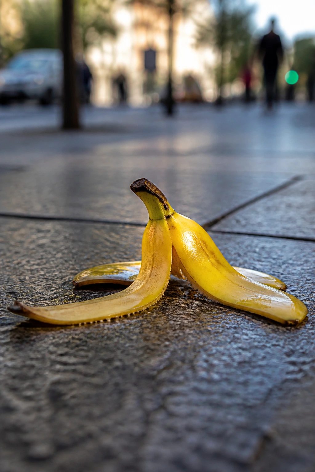 Etiquette: Is Throwing A Banana Peel Littering? 3 Close-up of a glossy banana peel on a sidewalk.