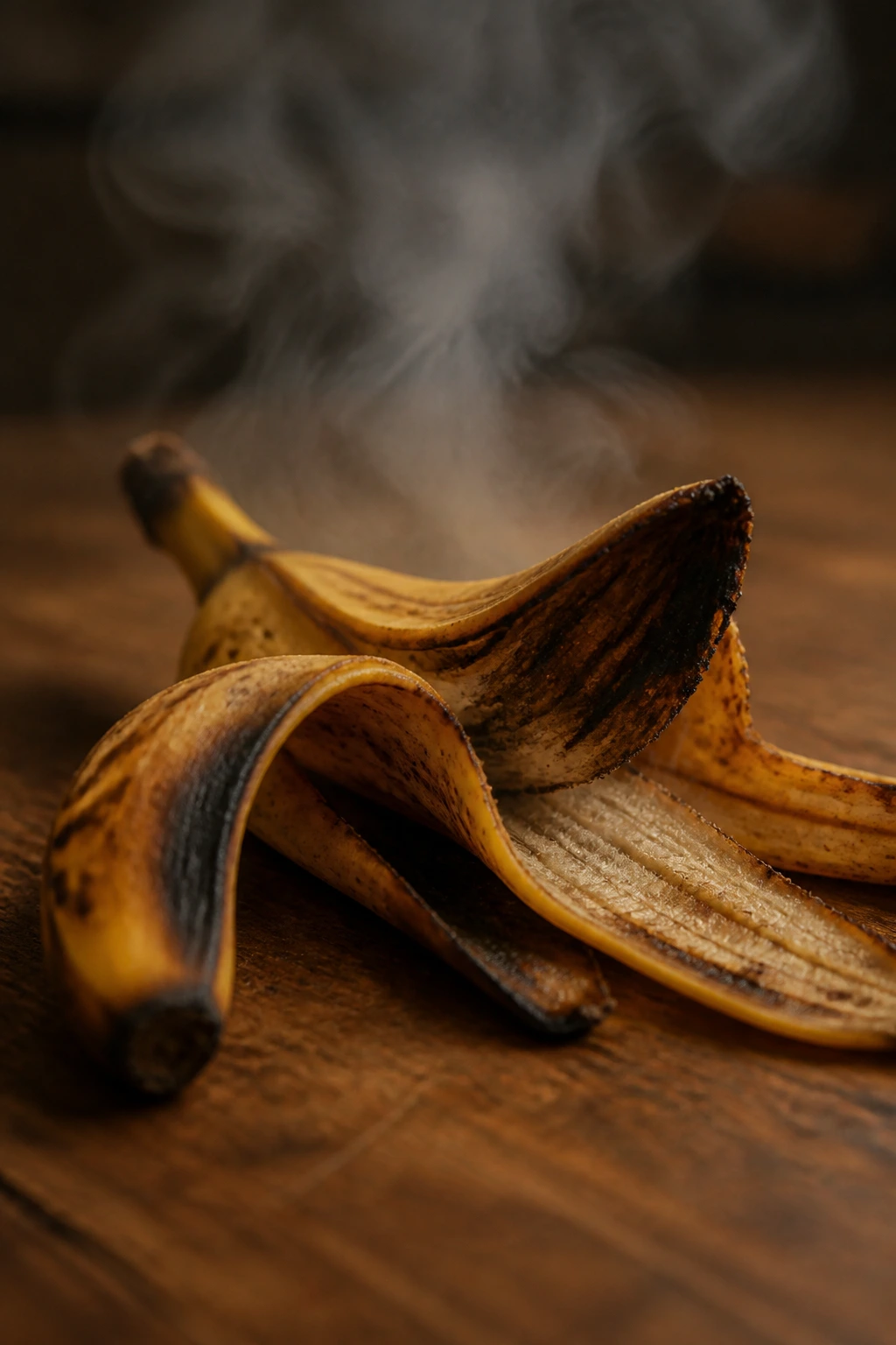 Banana peel on a wooden surface with a hazy background.