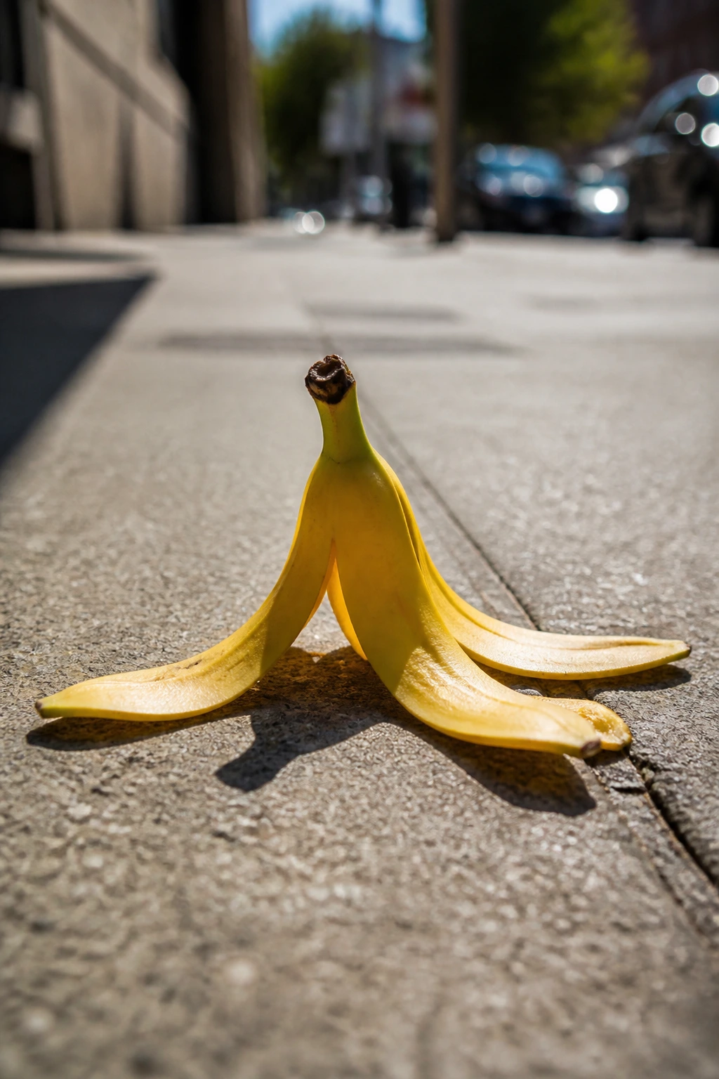 Etiquette: Is Throwing A Banana Peel Littering? 2 Close-up of a yellow banana peel on the sidewalk.