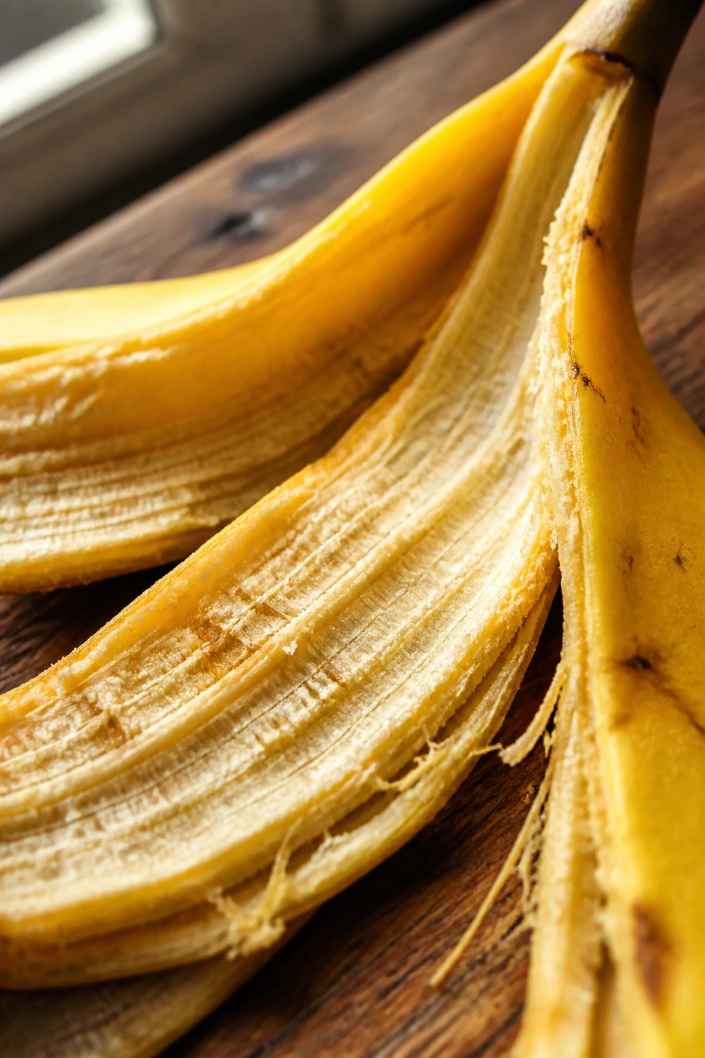 Macro close-up of a single banana peel on a wooden table showing fibrous texture