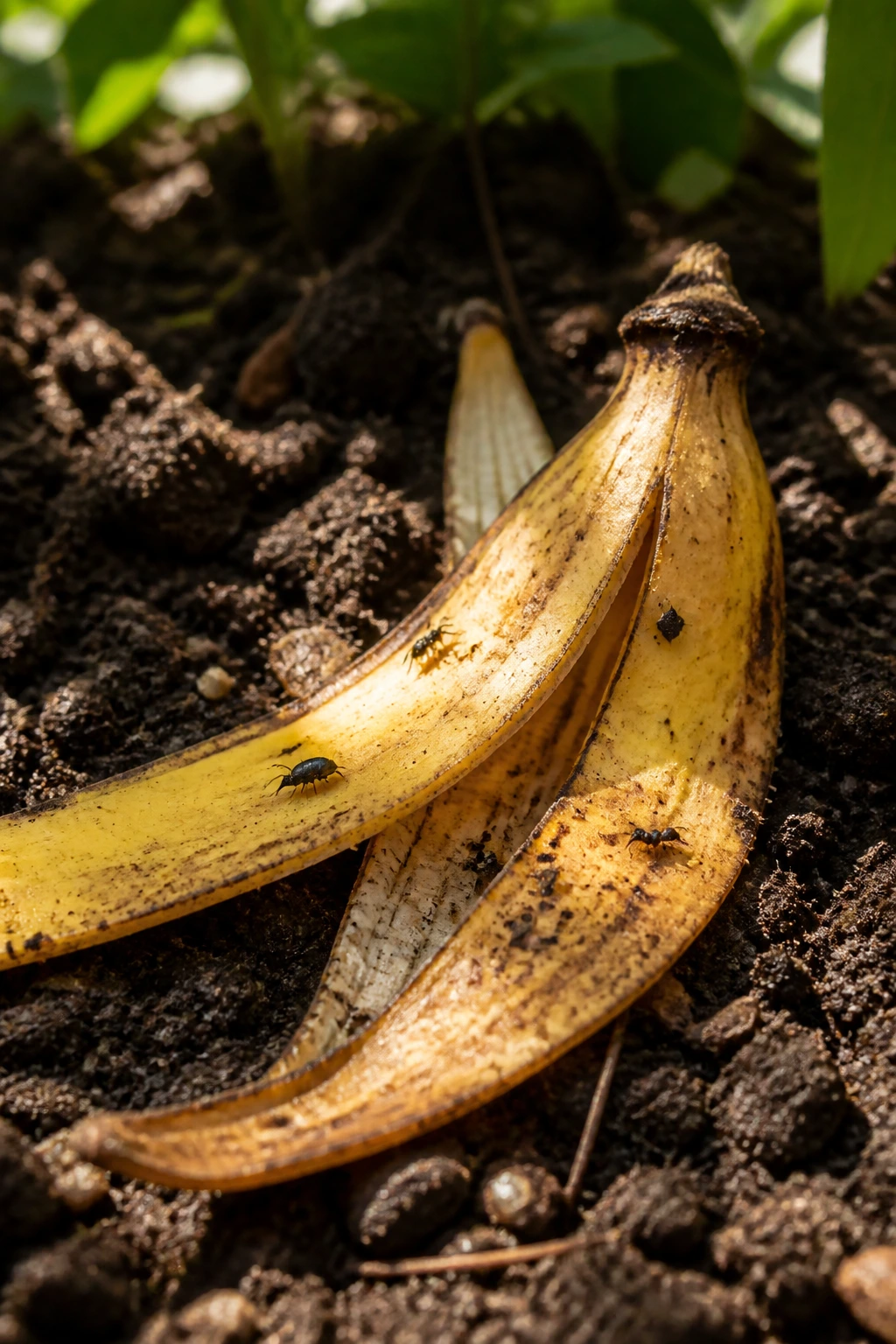 Banana peel on soil with small insects nearby