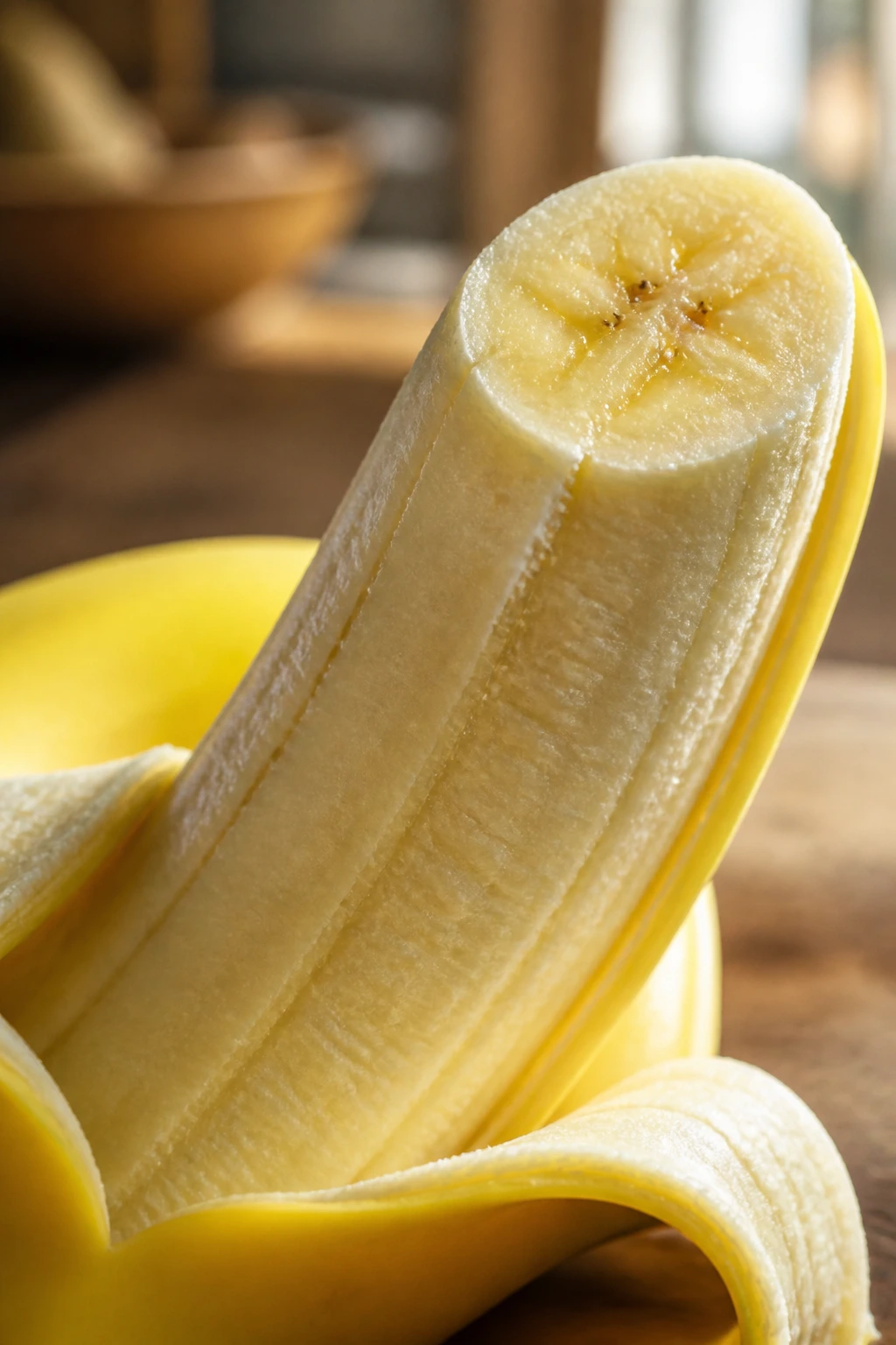 Why Are Bananas Yellow? How Do They Get Their Yellow Color? 8 Close-up peeled banana half on a kitchen counter showing ripe yellow flesh