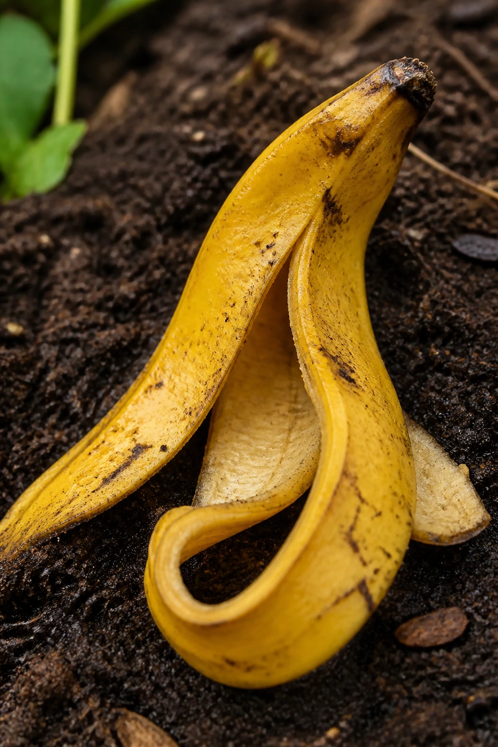 Close-up of a single banana peel on moist garden soil