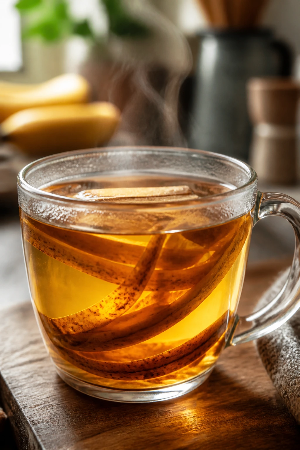 10 Amazing Health Benefits Of Banana Peel Tea 2 Close-up of a banana peel tea cup emphasizing heart health and cholesterol balance