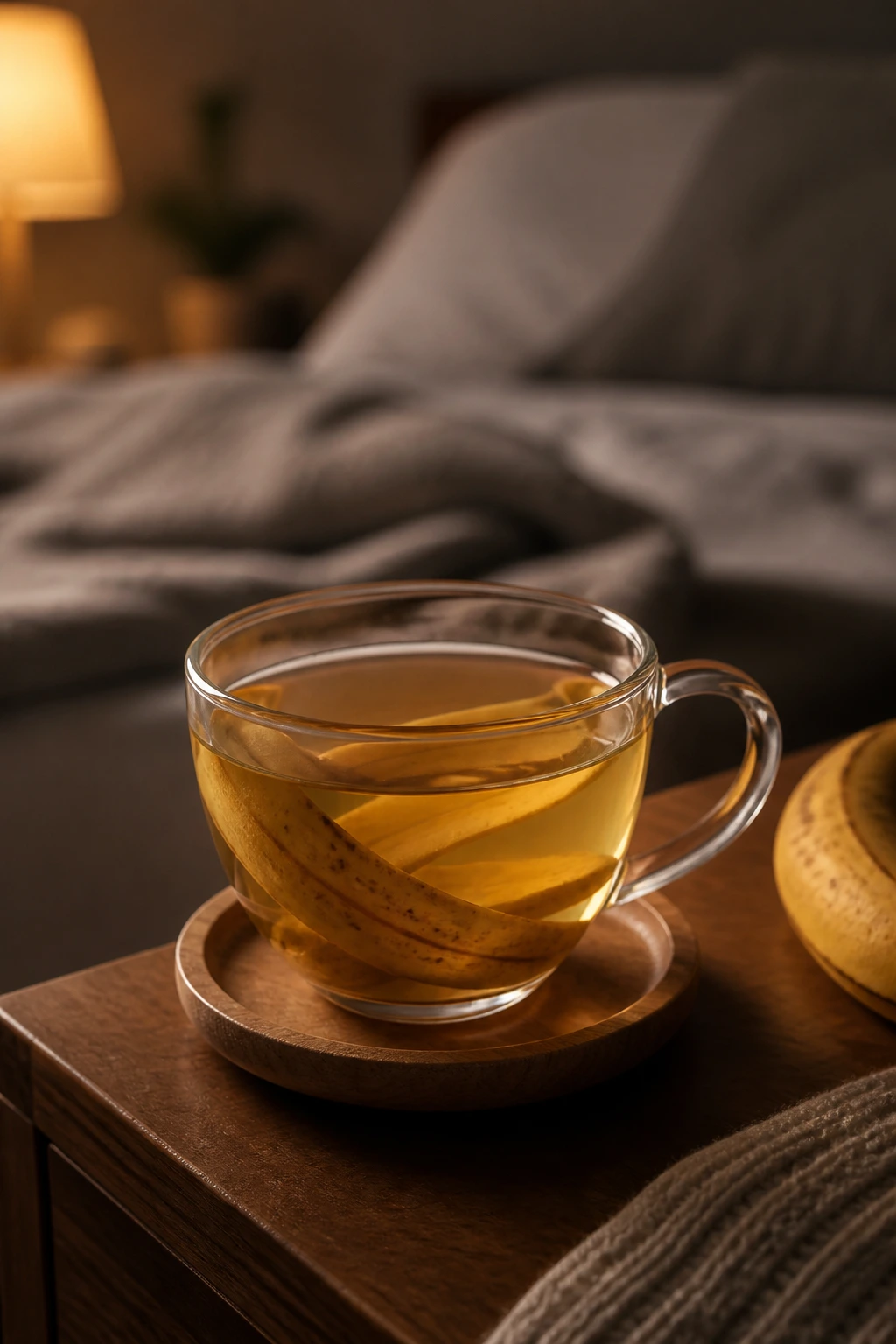 10 Amazing Health Benefits Of Banana Peel Tea 4 Close-up of banana peel tea cup on a bedside table in a cozy bedroom