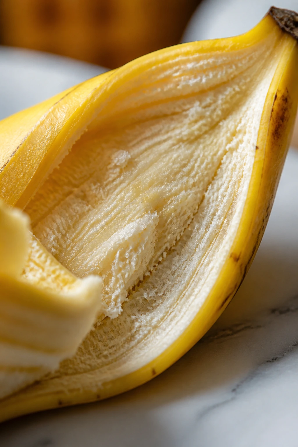 Close-up of banana peel inner texture showing fibrous interior.