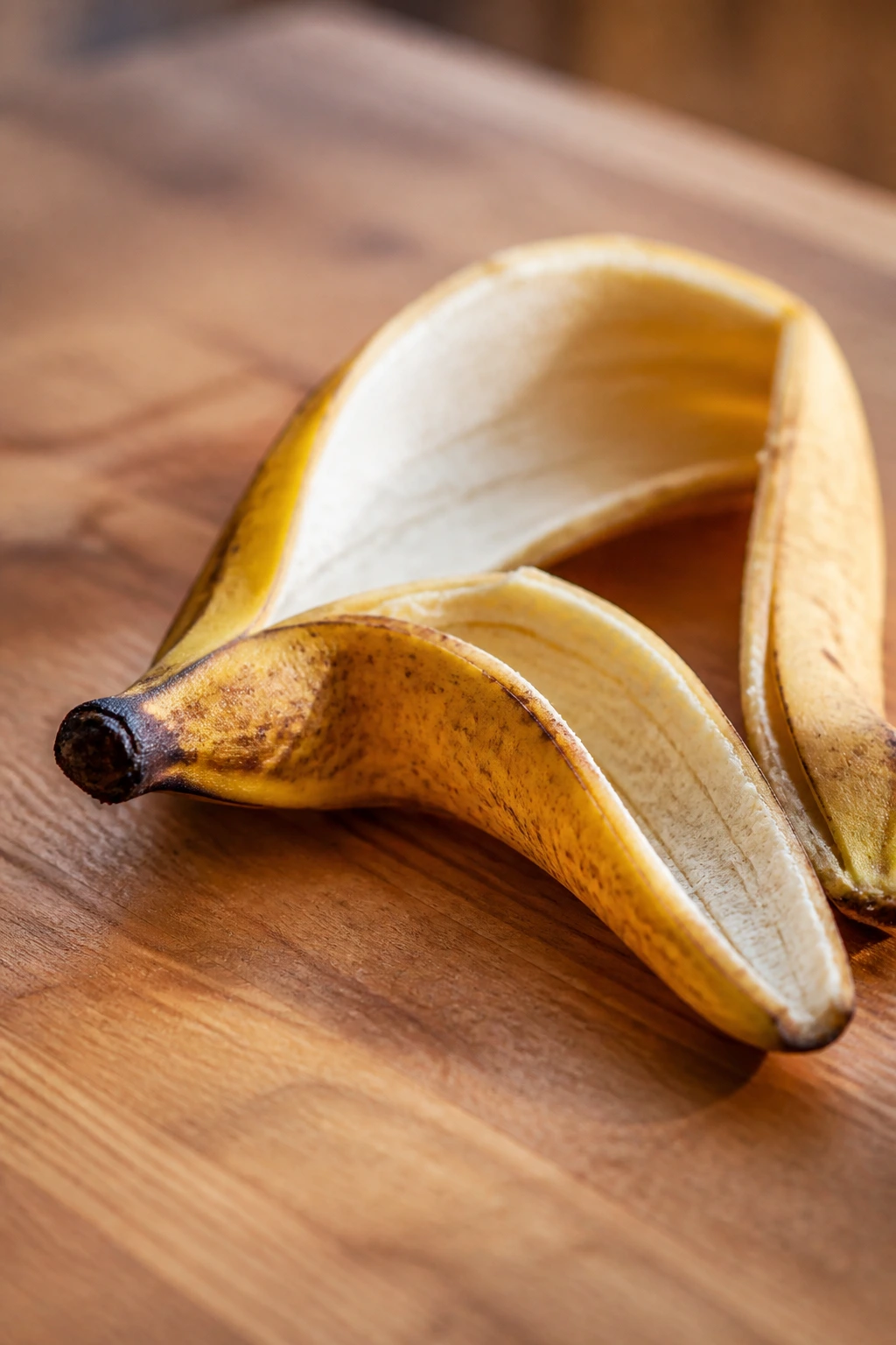Banana peel on a wooden surface under warm light.