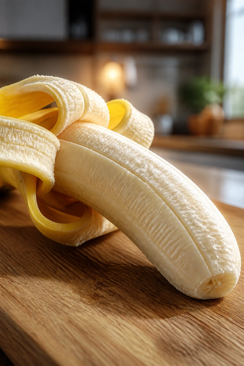 Cramp Relief: Are Bananas Good For Cramps? 7 Peeled banana curved on a wooden surface with a blurred kitchen background