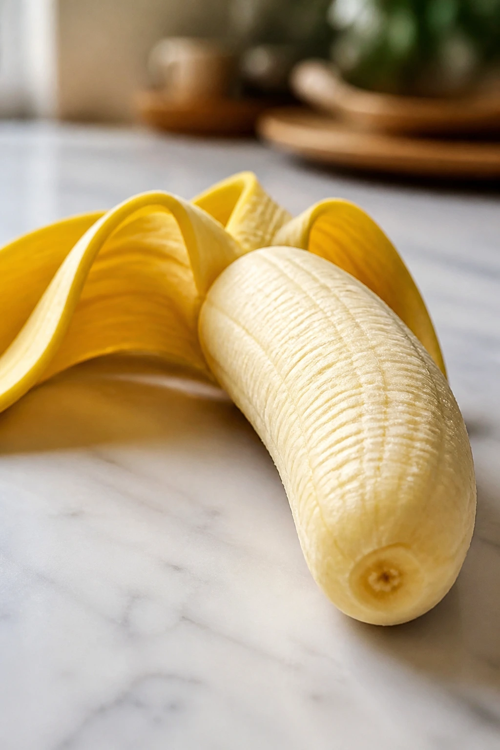 Fully peeled banana filling the frame on a clean kitchen surface