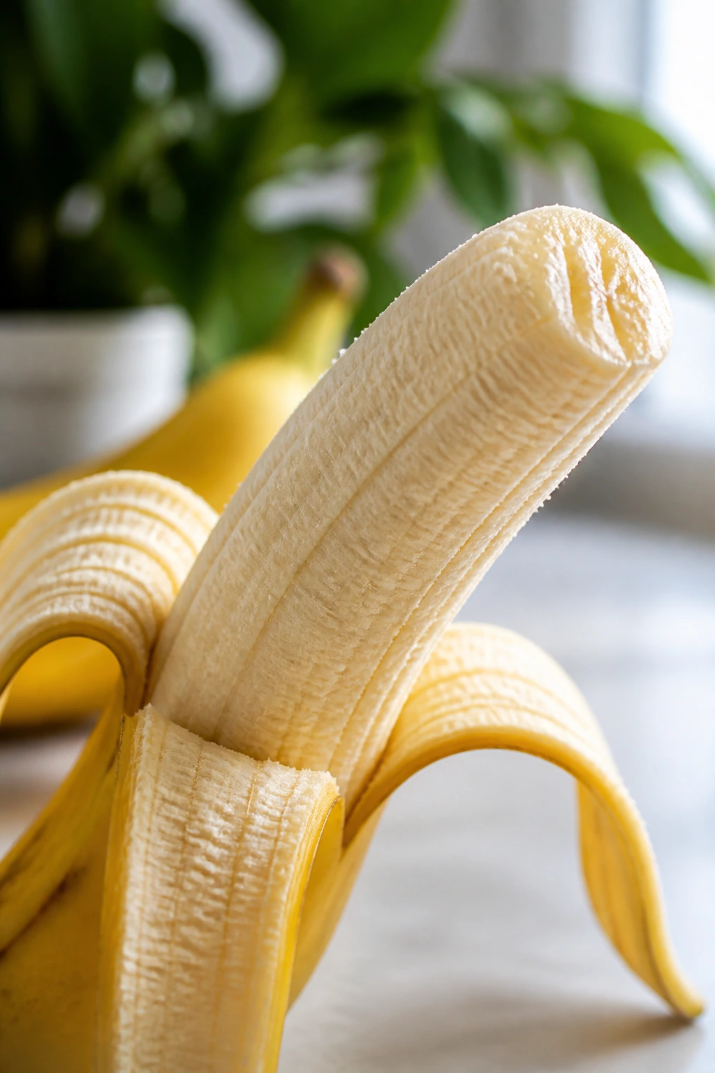 Nature's Hair Elixir: Are Bananas Good For Hair Growth? 5 Peeled banana close-up filling frame on countertop