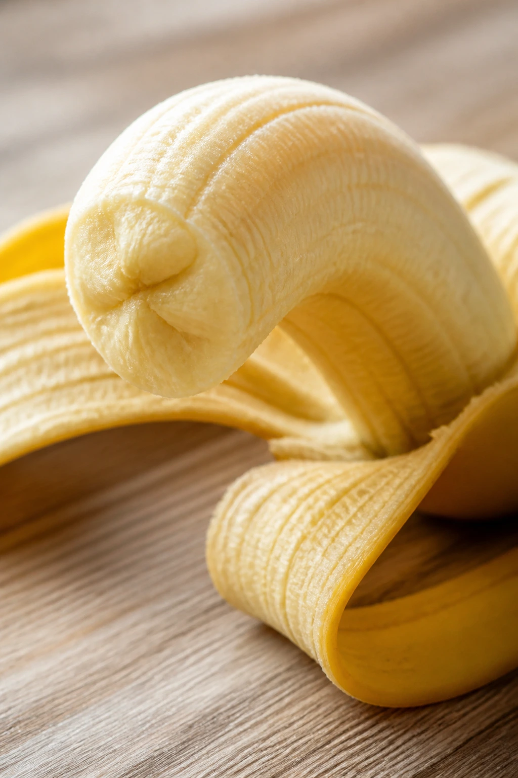 Are Bananas Good For Ulcerative Colitis? 2 Peeled banana curled on a light wooden surface in natural light