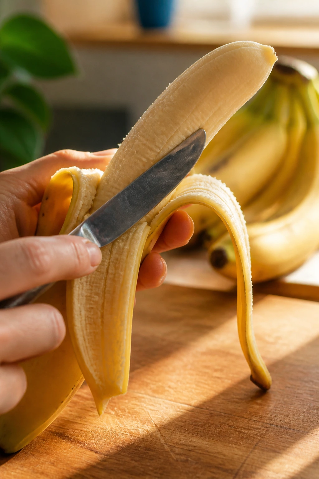 Mastering the Technique: How to Peel a Frozen Banana 4 Banana being peeled with a butter knife on a cutting board