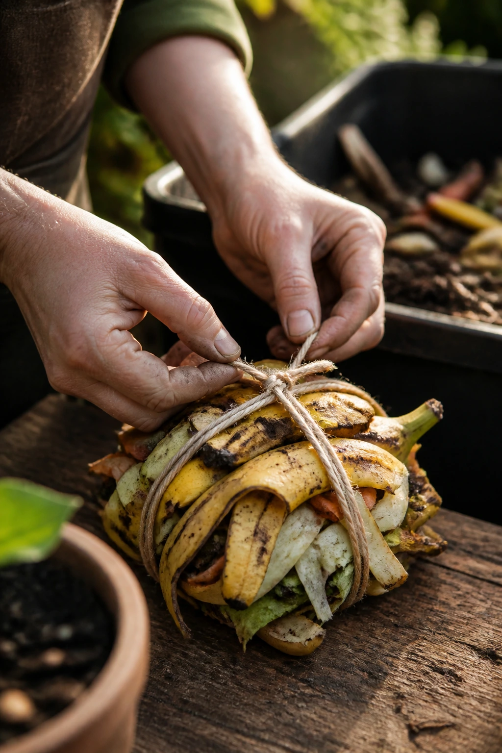 Close-up of hands tying banana peel bundle for compost in a sunlit garden