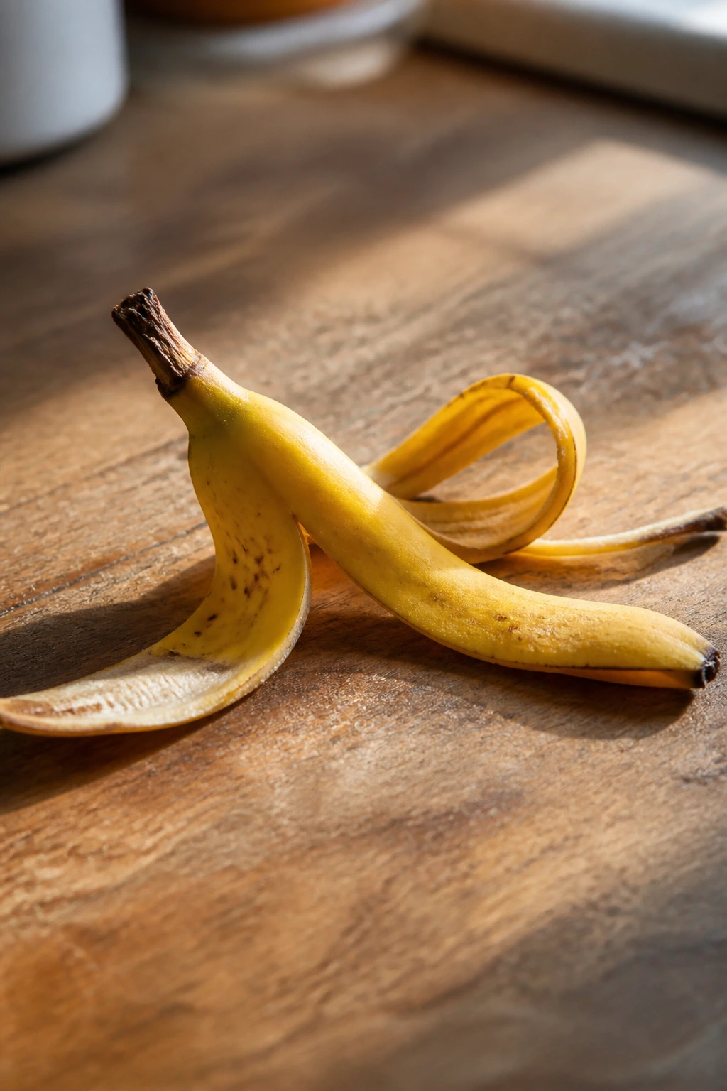 Are Banana Peels Biodegradable? Let's Find Out! 13 Close-up of a single yellow banana peel on a rustic wooden kitchen counter