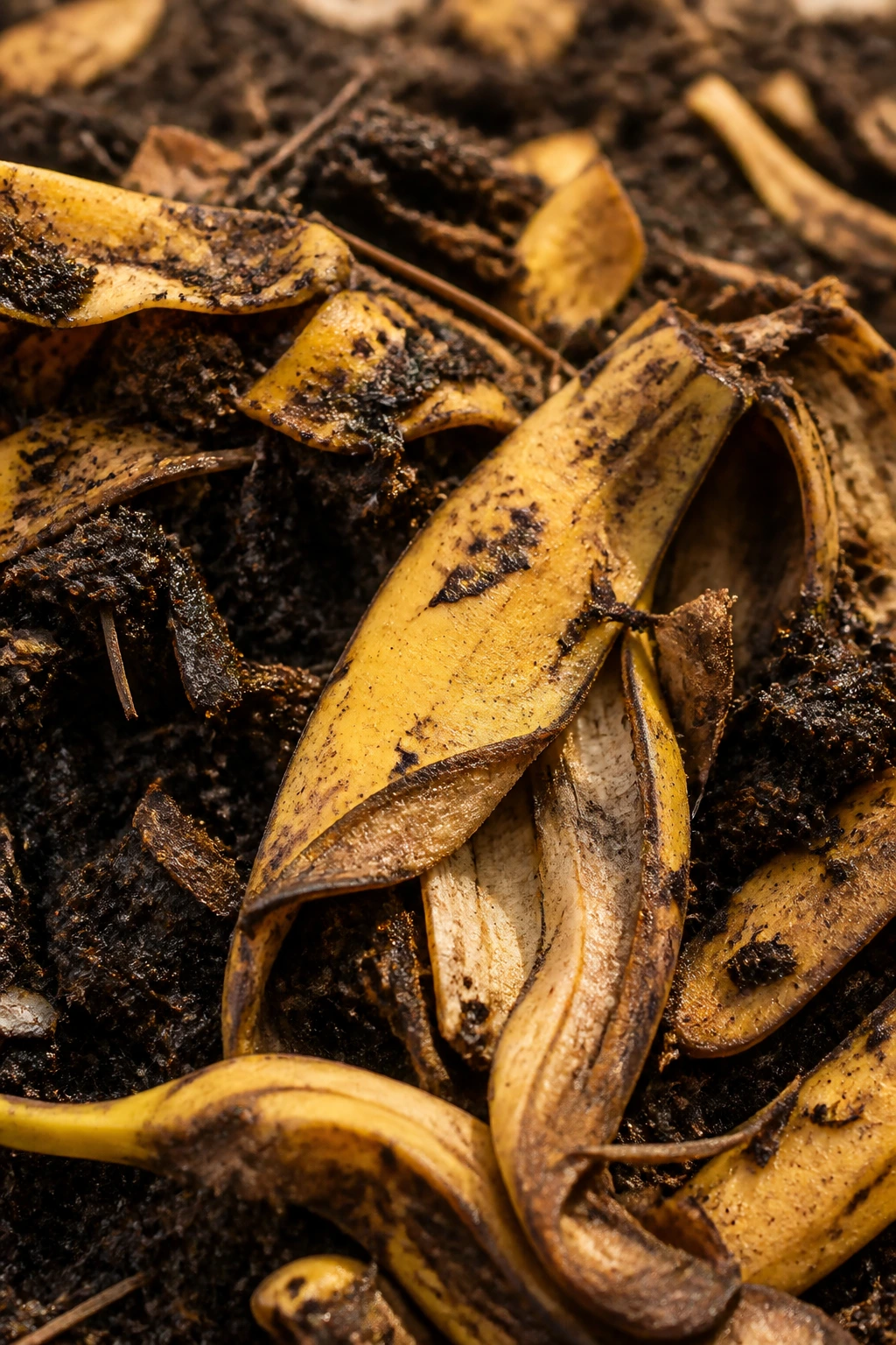 Banana peels decomposing on compost