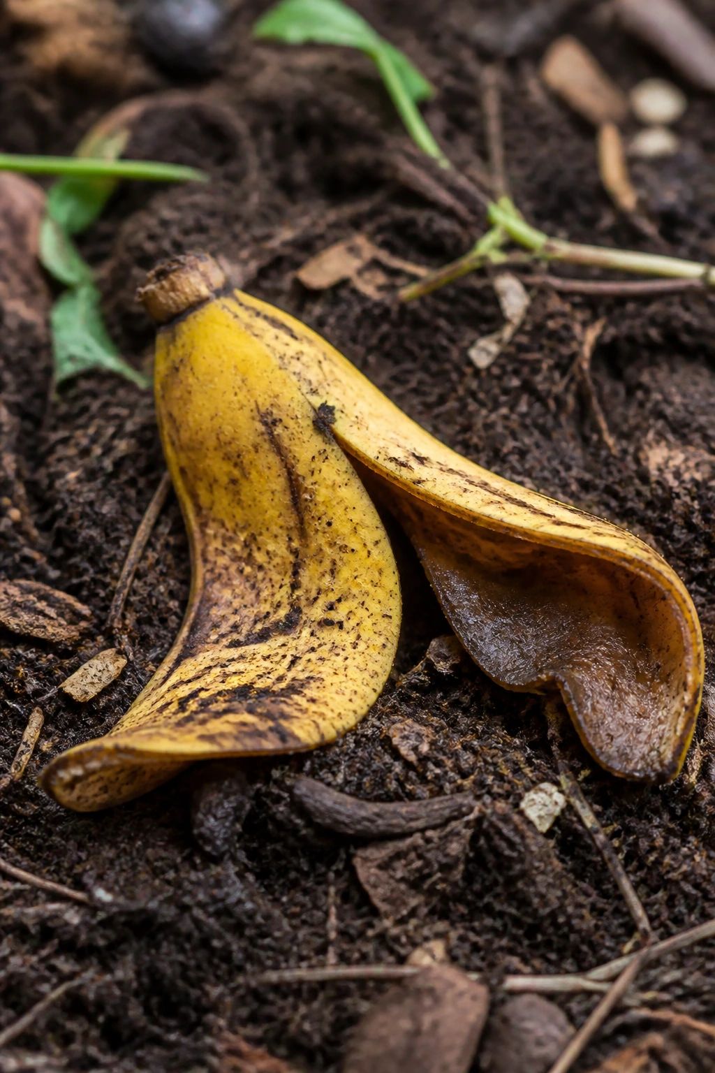 Banana peel in compost bed on soil