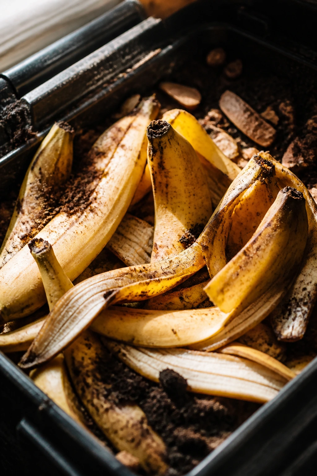 Close-up of ripe banana peels in a compost bin