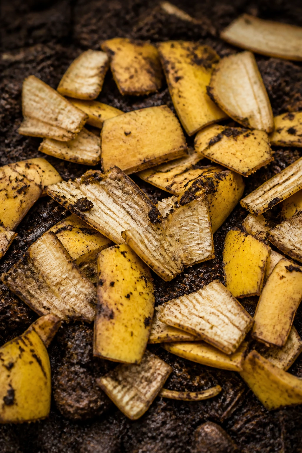 Banana peels torn into pieces ready for composting