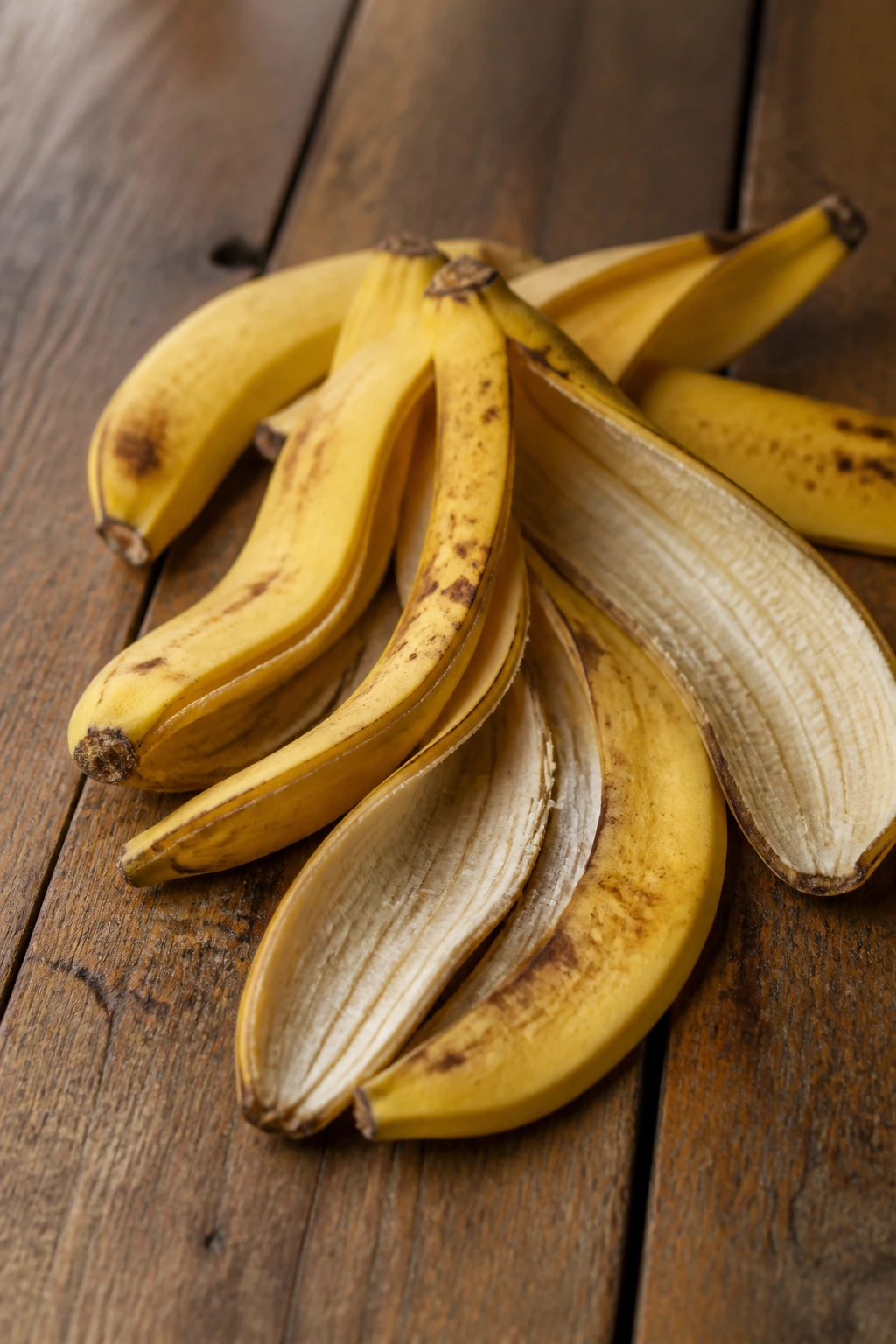 Close up of banana peels on a wooden kitchen counter