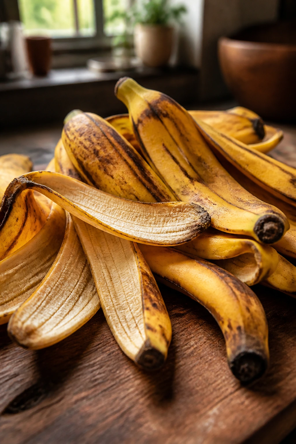 Close-up of banana peels on a wooden kitchen counter