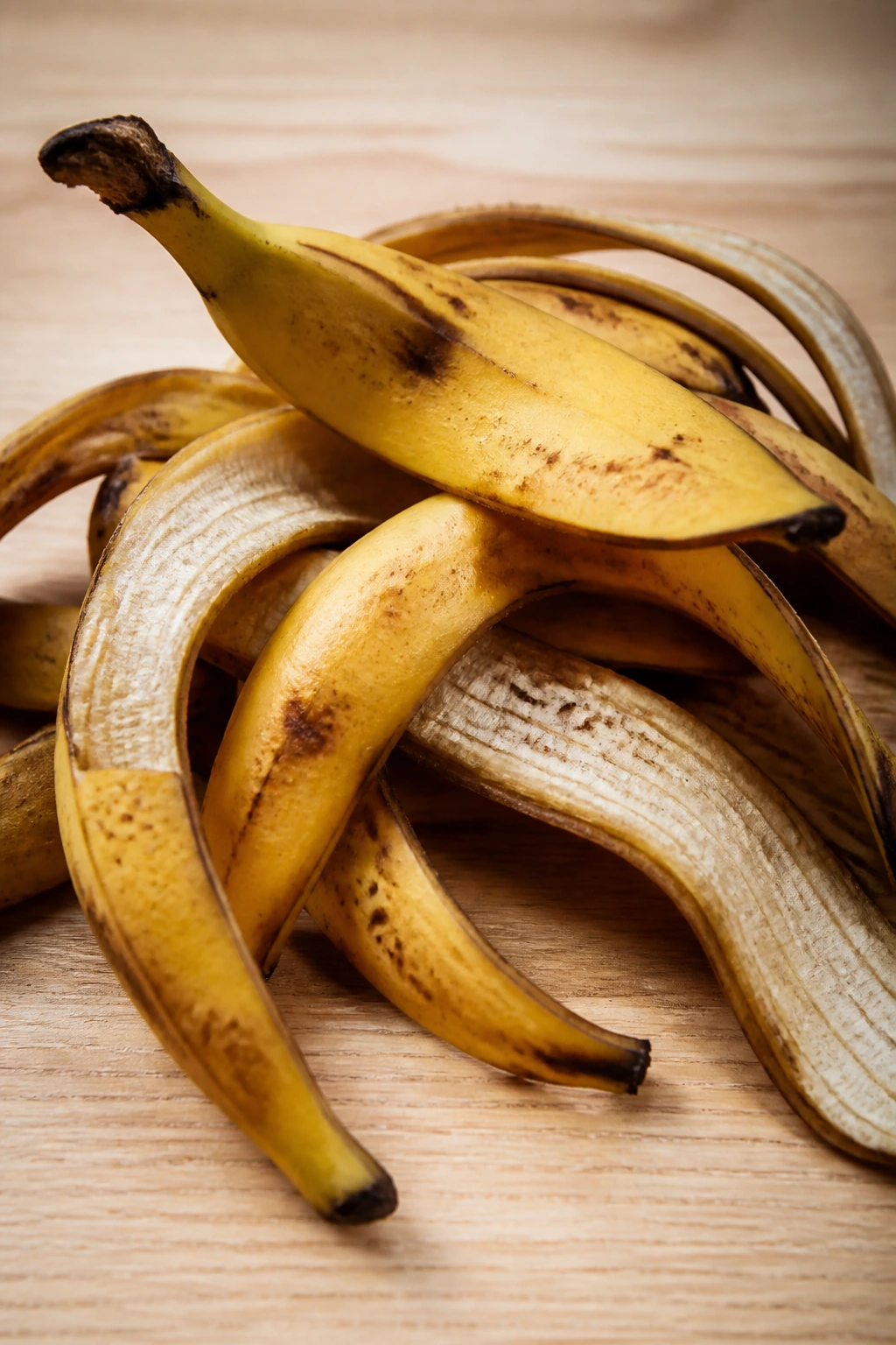 Close-up of banana peels dominating a wooden surface