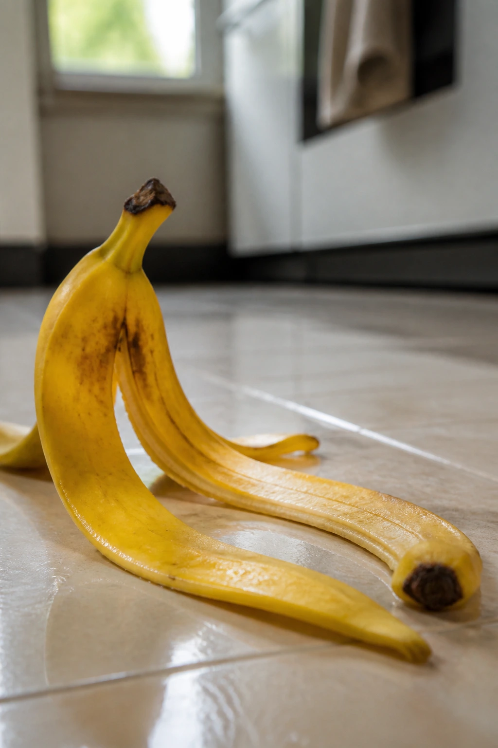 Close-up of a ripe yellow banana peel on a glossy kitchen tile floor.