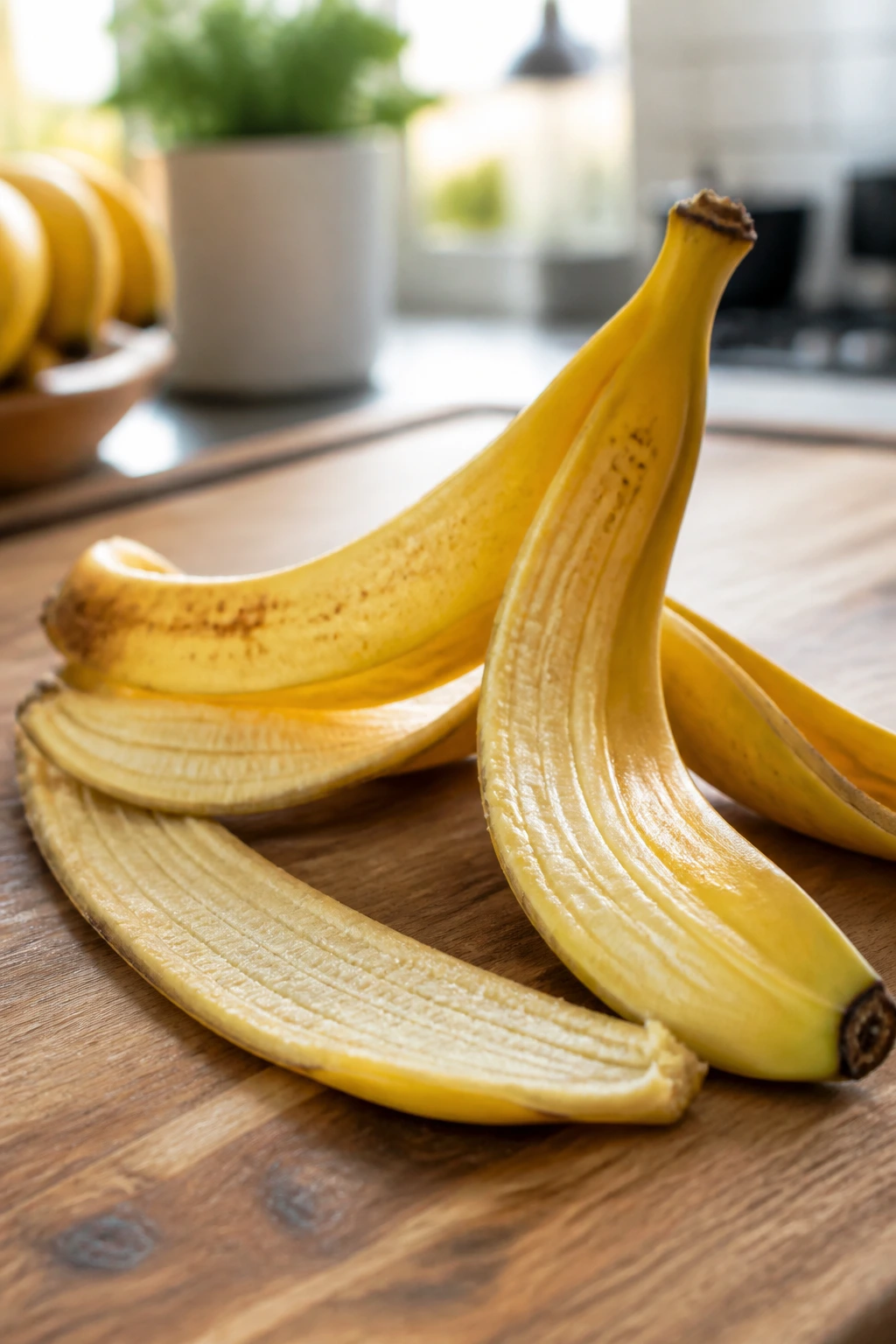 Close-up of peeled banana peel on kitchen counter