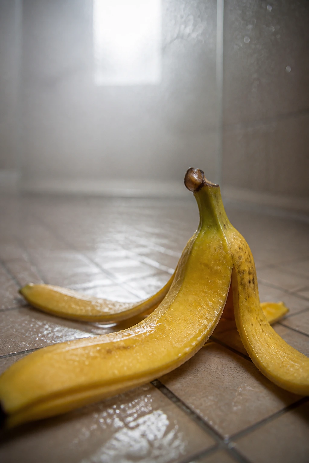 Banana peel with moisture droplets in a humid, steamy bathroom setting.