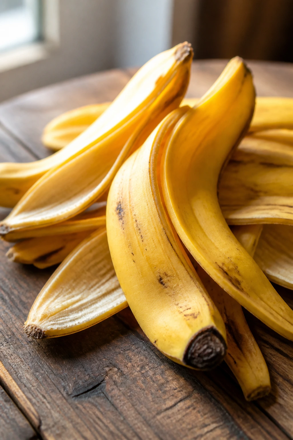 Banishing Breakouts: Are Banana Peels Good For Acne? 8 Close-up of overlapping banana peels on a wooden surface