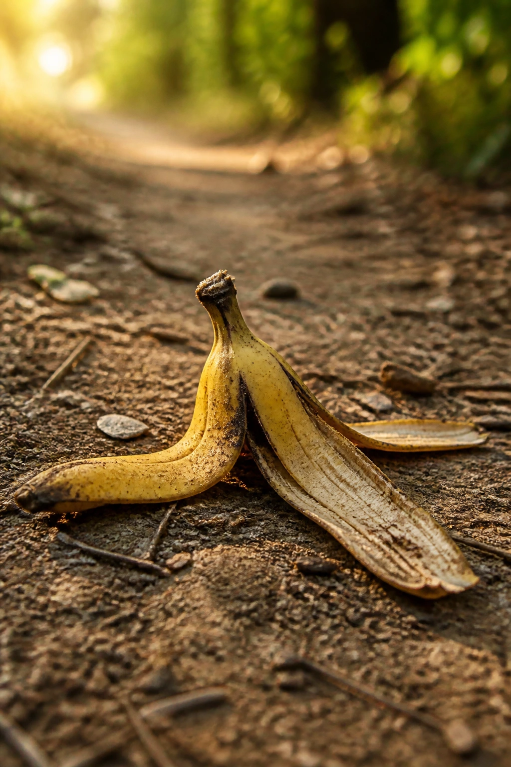 Banana peels on sunlit outdoor dirt path