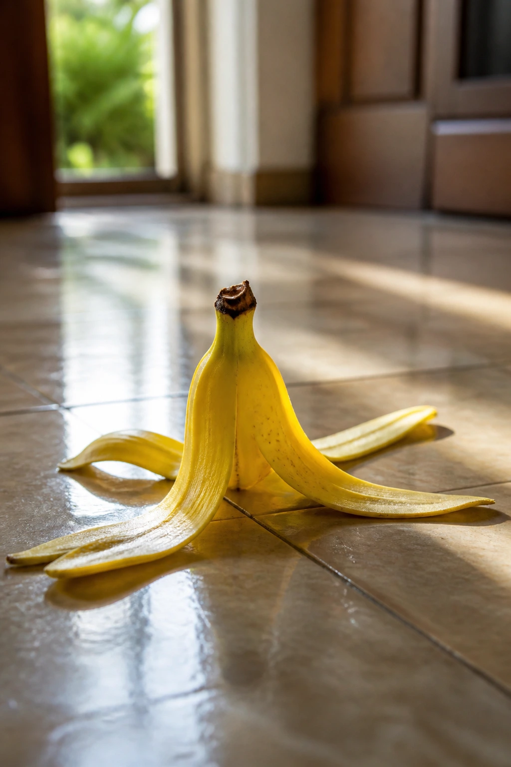 Close-up of a banana peel on a sunlit indoor floor.