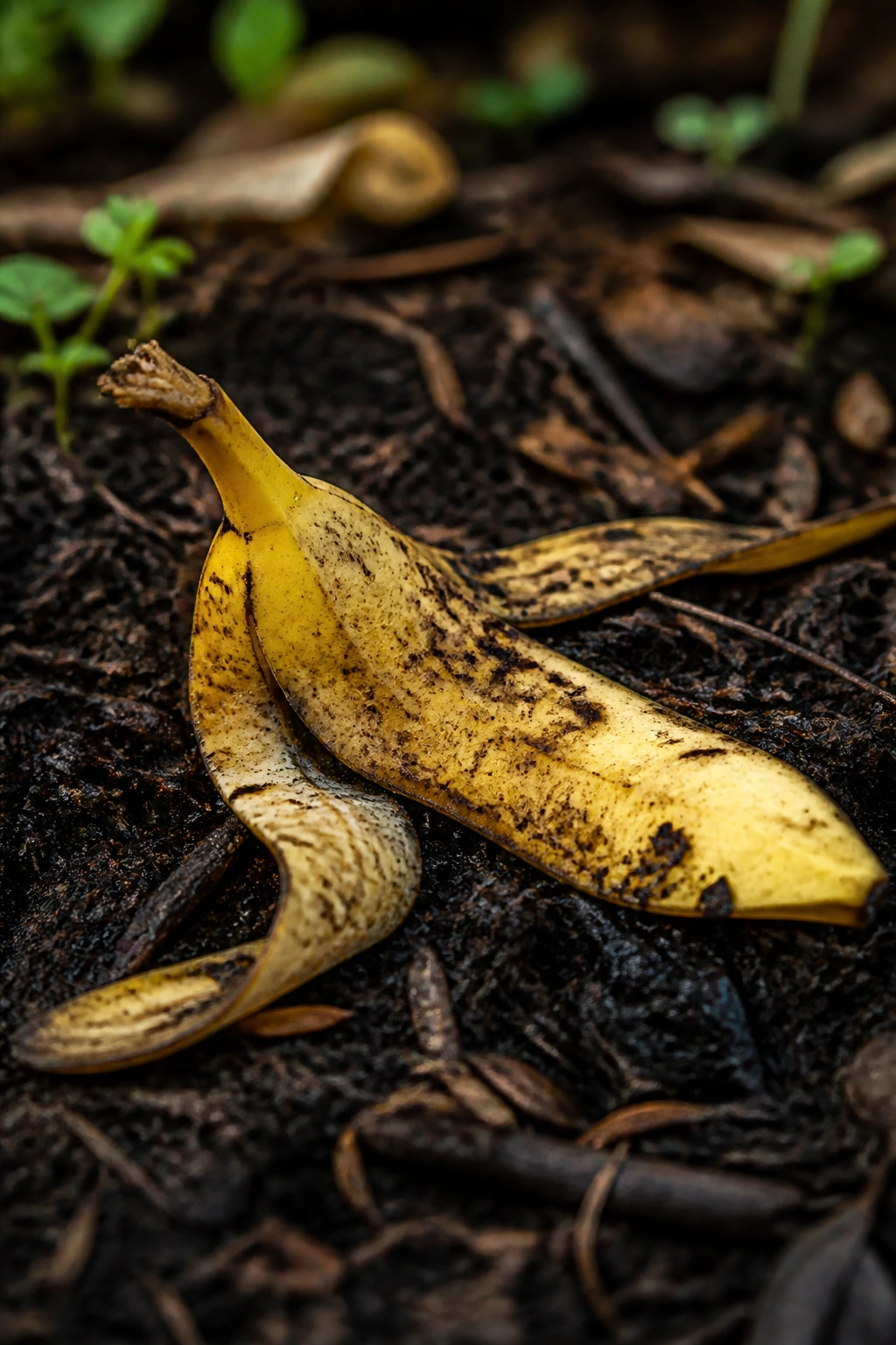 Banana peels lying on damp soil in a garden compost