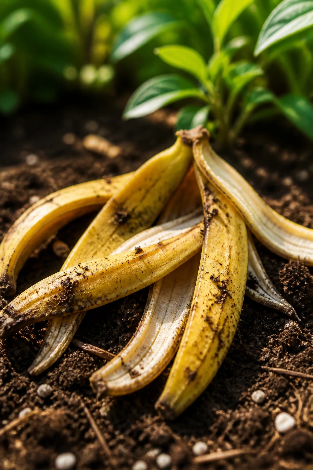Banana peels on soil with blurred plant in background