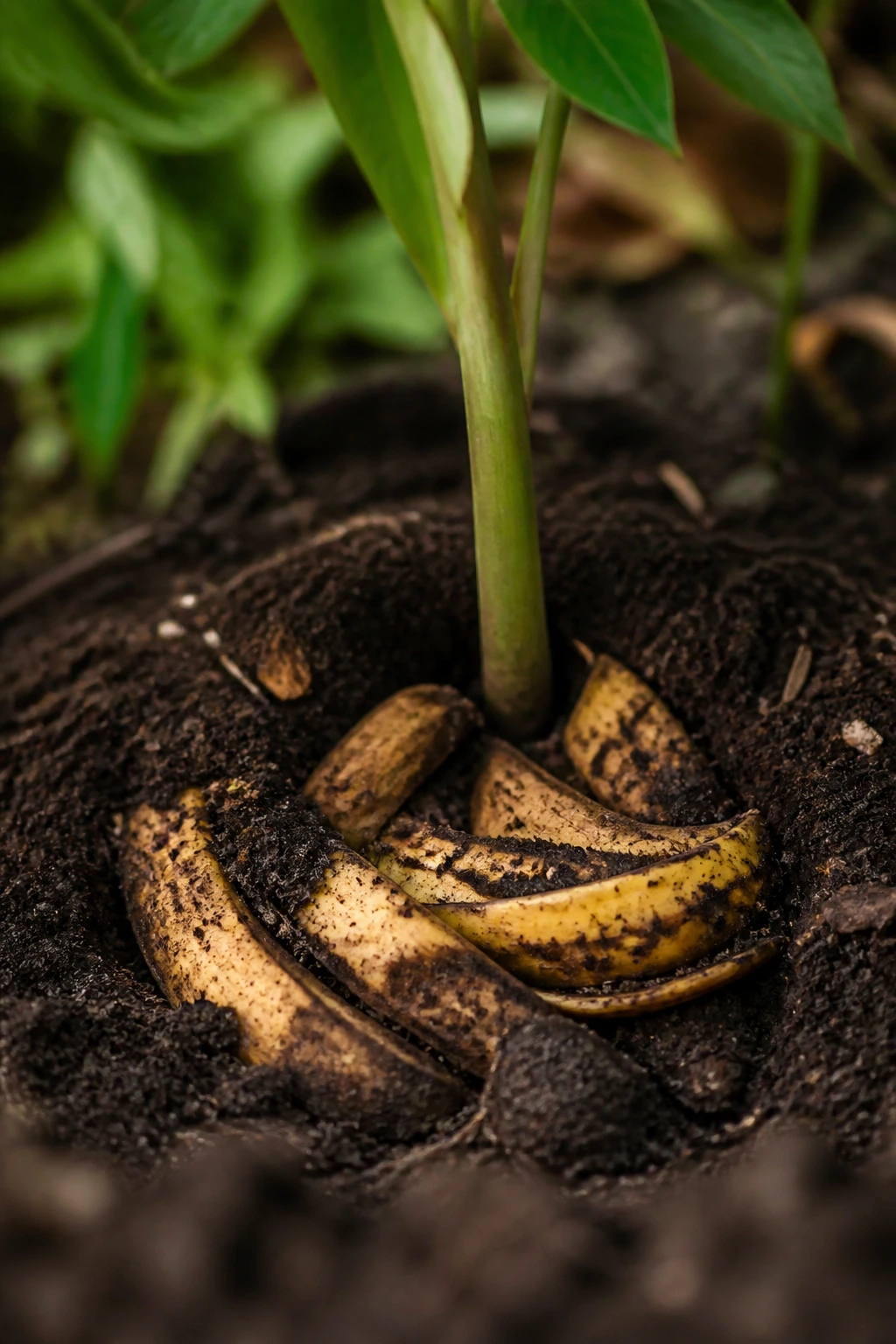 Banana peels buried in garden soil around a plant stem